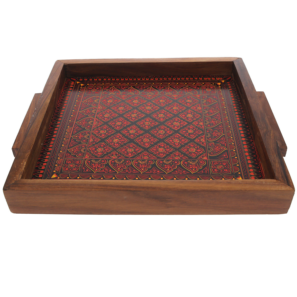 Square Wooden Serving Tray with Maroon Pattern Ð 14" x 14"