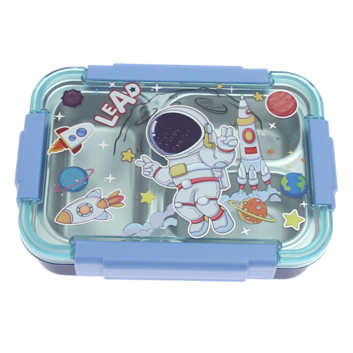 Kids Astronaut Lunch Box Ð 3 Compartment | Stainless Steel | Leak-Proof | Space Theme | Blue