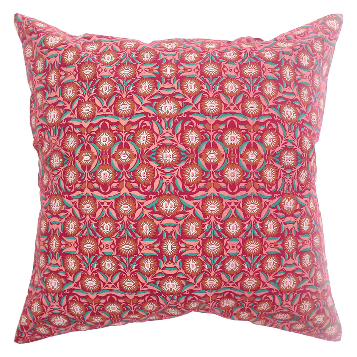 Mughal Bloom Cotton Cushion Cover Ð 18x18 Inch Red Floral Decorative Throw Pillow Case