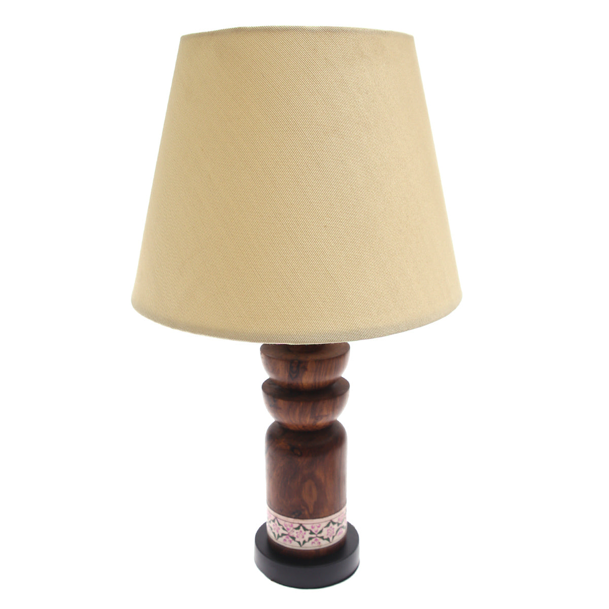 Wooden Table Lamp Ð White & Pink Printed Base | Classic Beige Shade