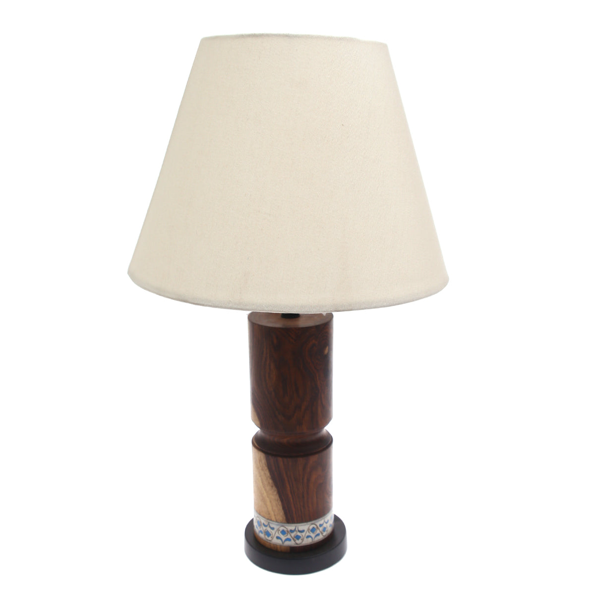 Wooden Table Lamp Ð White & Blue Printed Base | Classic White Shade