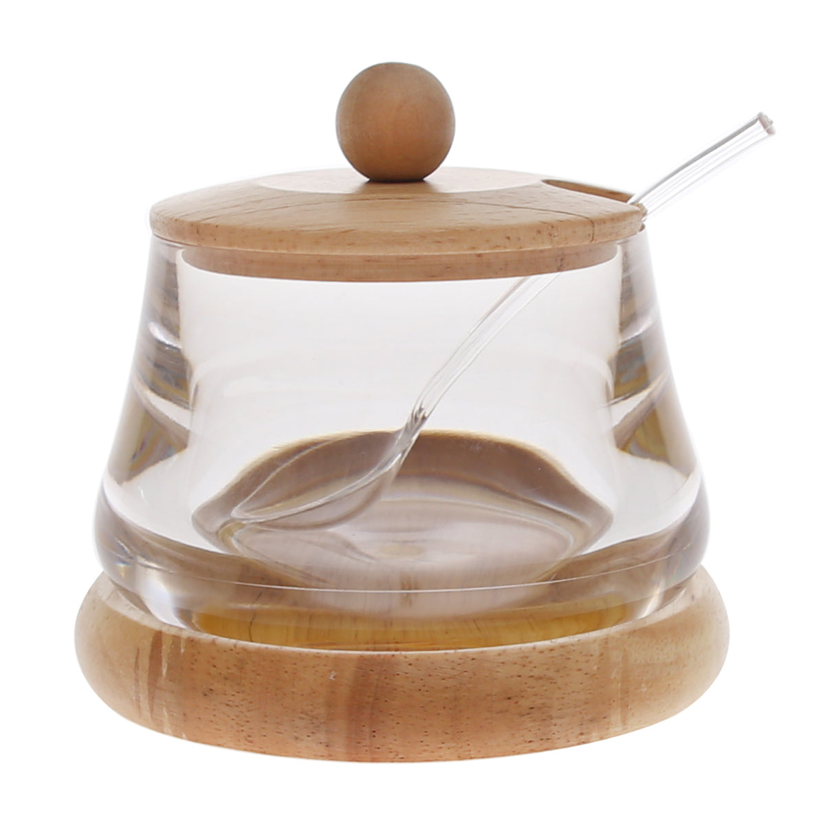Glass Sugar Pot with Wooden Lid & Base Ð Spoon Included
