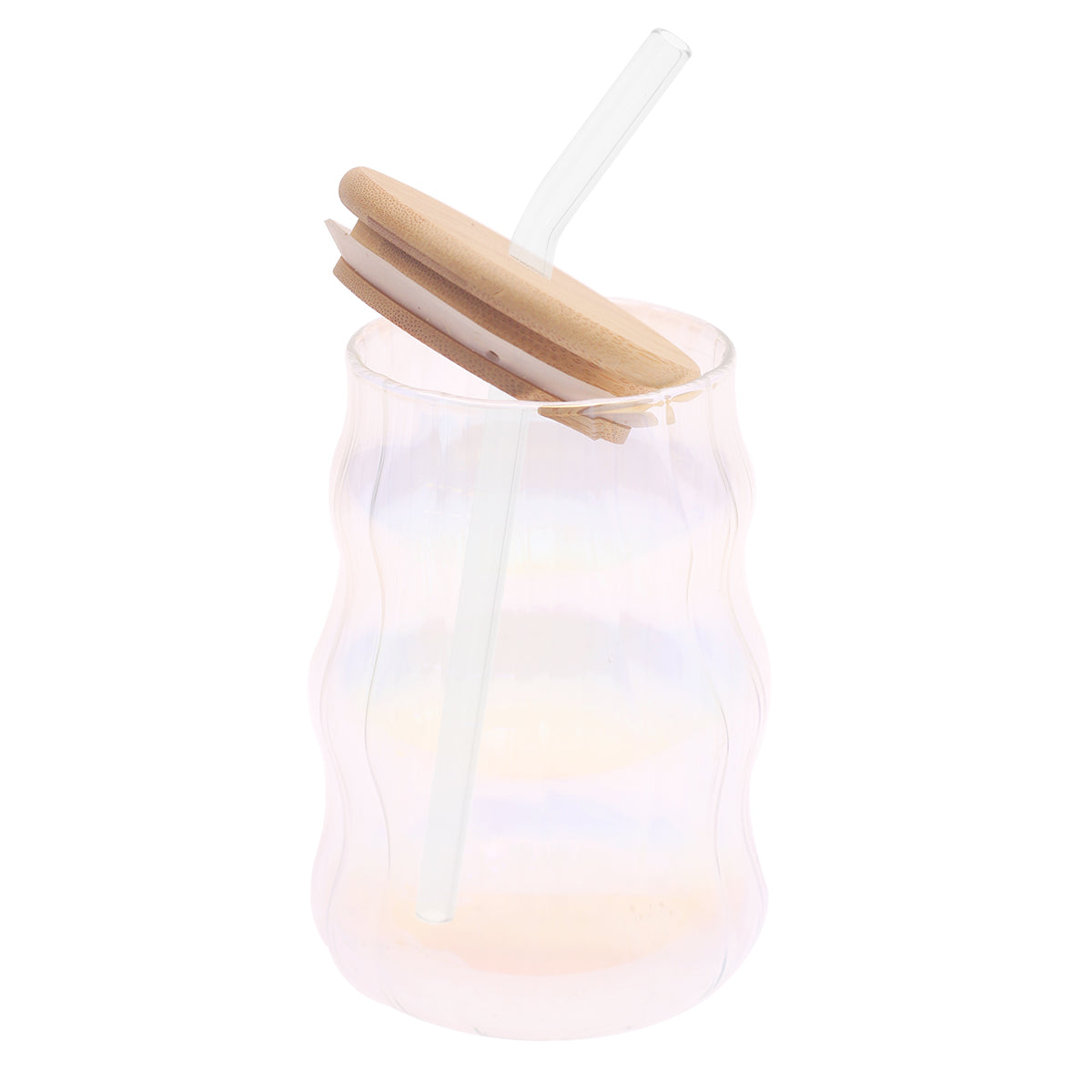 Iridescent Ripple Glass Tumbler with Bamboo Lid & Straw Ð 530ml
