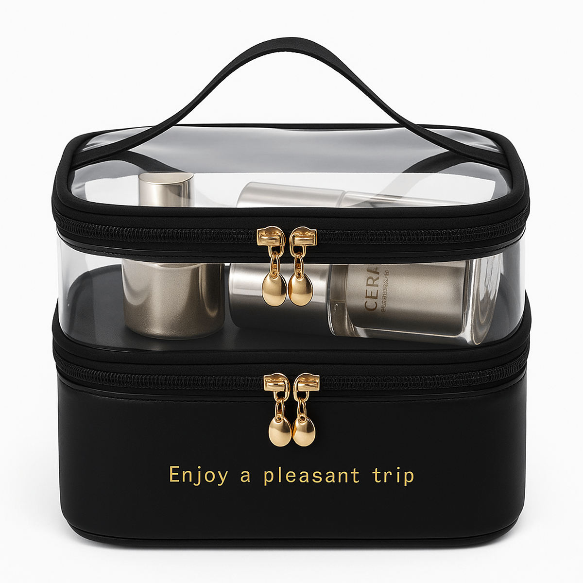 Transparent & PU Travel Cosmetic Pouch Ð Dual-Layer Makeup Organizer Bag