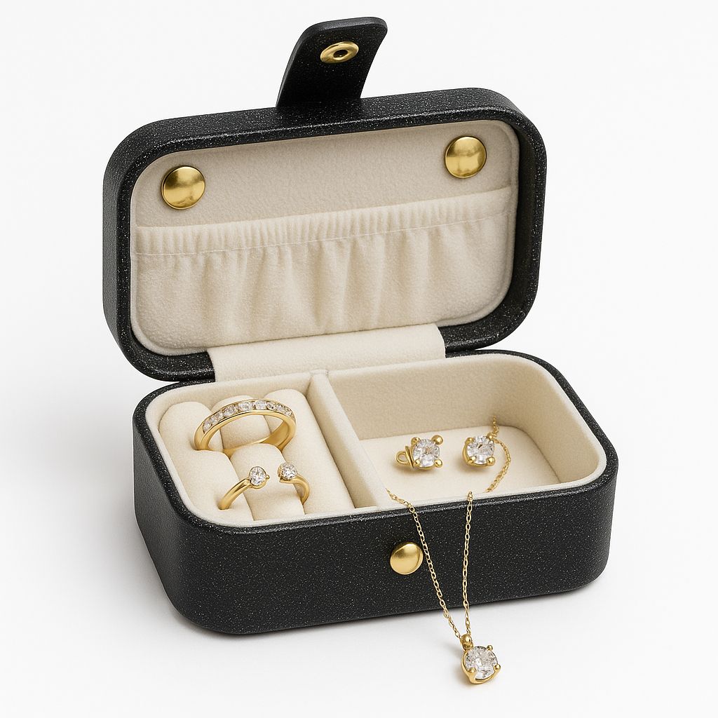 Portable Jewelry Storage Box Ð Black with Gold Button Closure