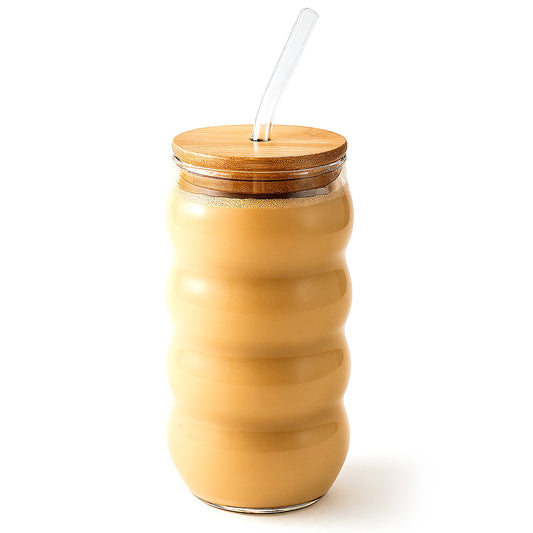 Ripple Glass Tumbler with Bamboo Lid & Straw Ð 450ml