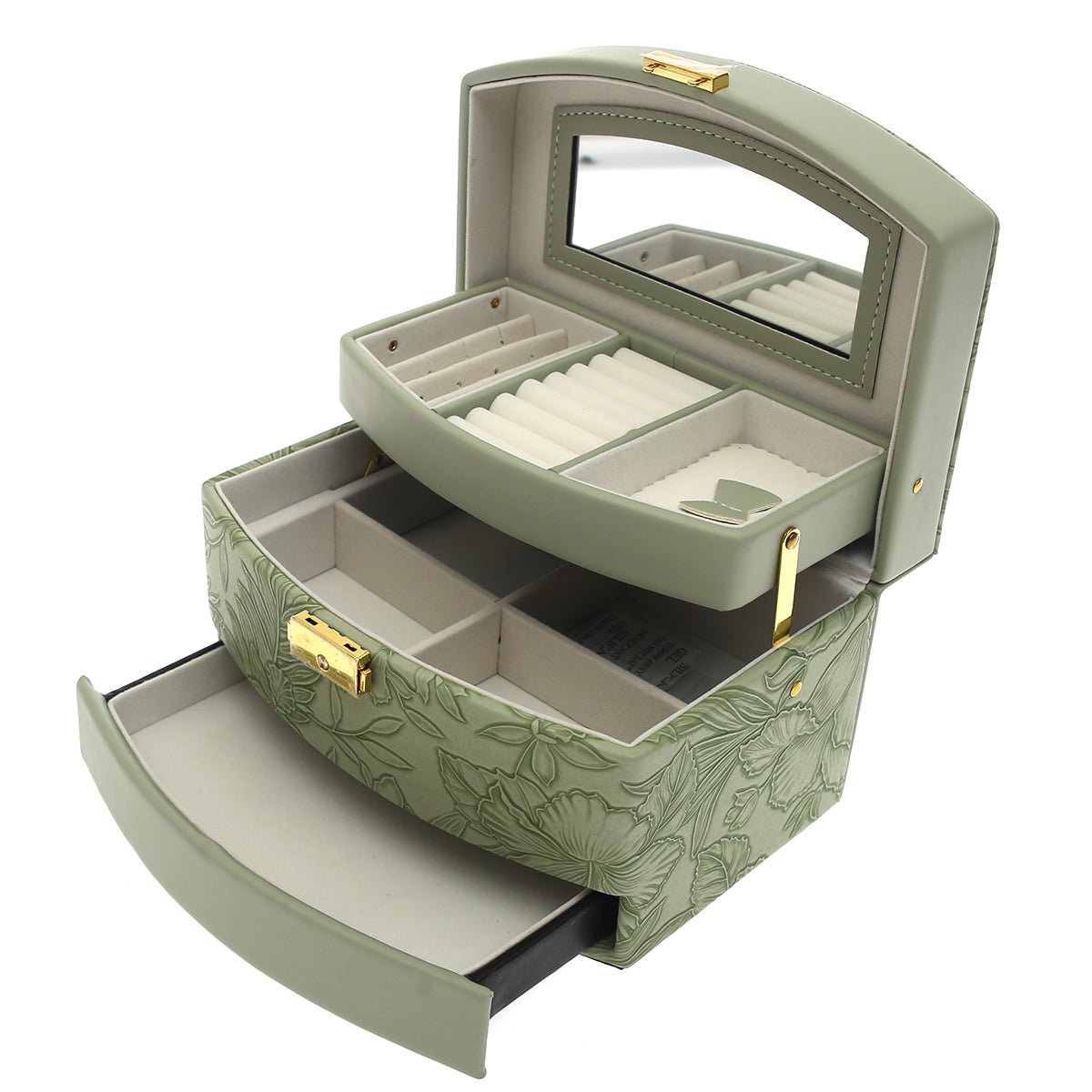 Large Printed Jewelry Storage Box Ð Multi?Layer Organizer with Mirror & Drawer