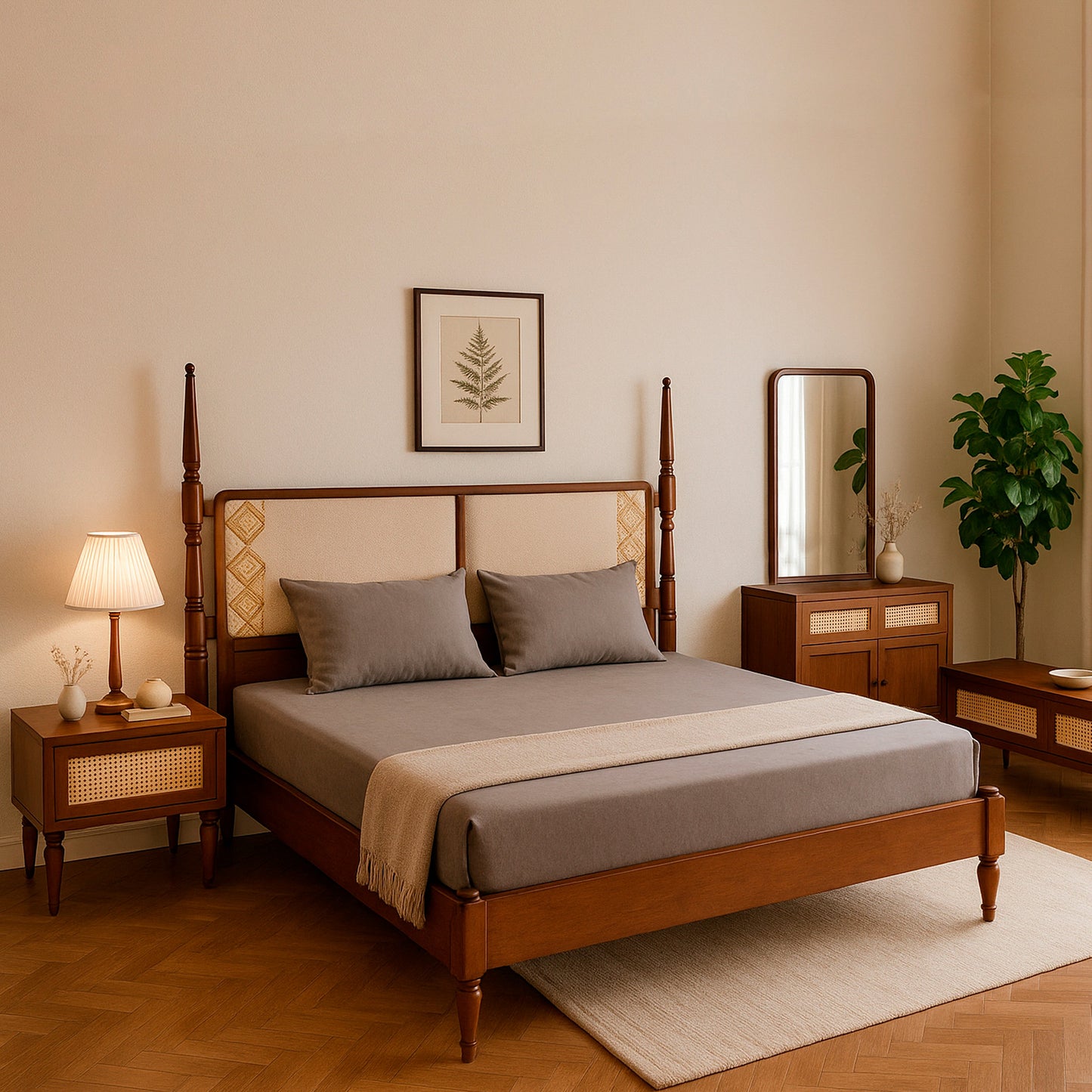 Gul Bahar Bed Ð Buy Solid Wood King Bed with Cane & Upholstered Headboard | ayshpk
