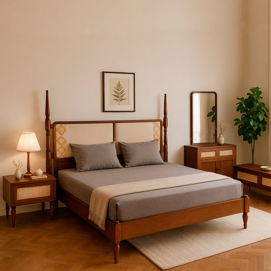 Gul Bahar Bed Ð Buy Solid Wood King Bed with Cane & Upholstered Headboard | ayshpk