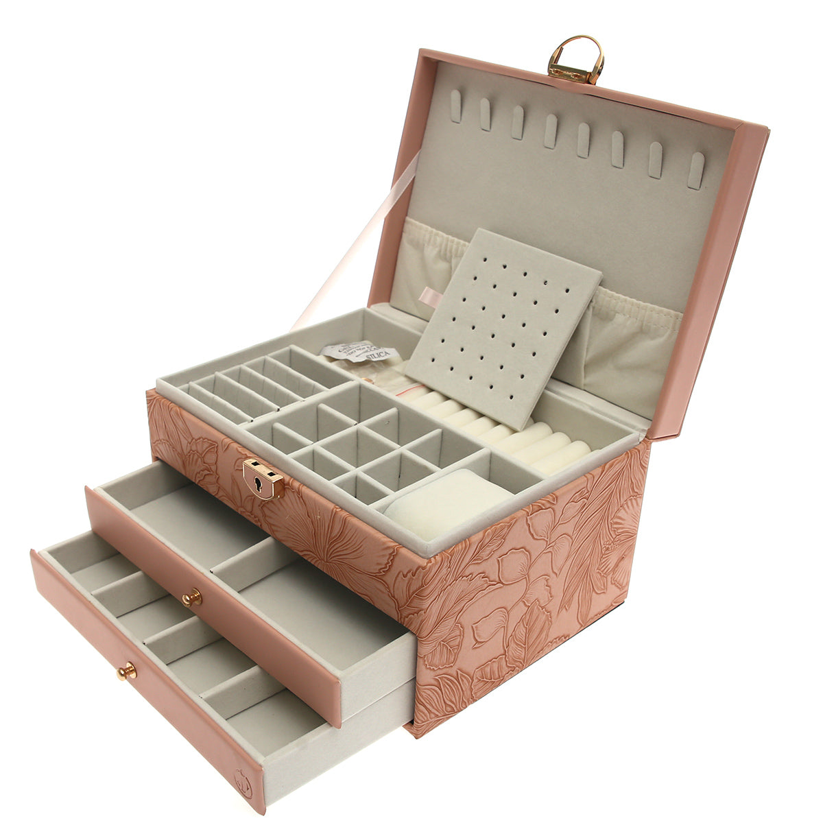Large Jewelry Storage Box Ð Double Drawer Organizer with Mirror & Embossed Design
