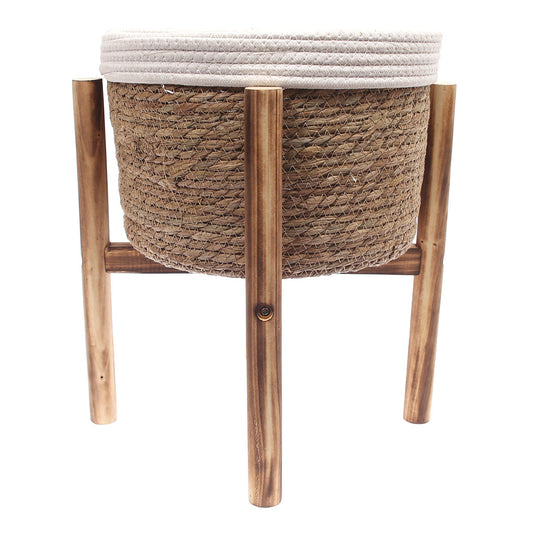 Cane Planter W/Wooden Base L Beige & White 14 X 14 X 15 Inch CZG-29