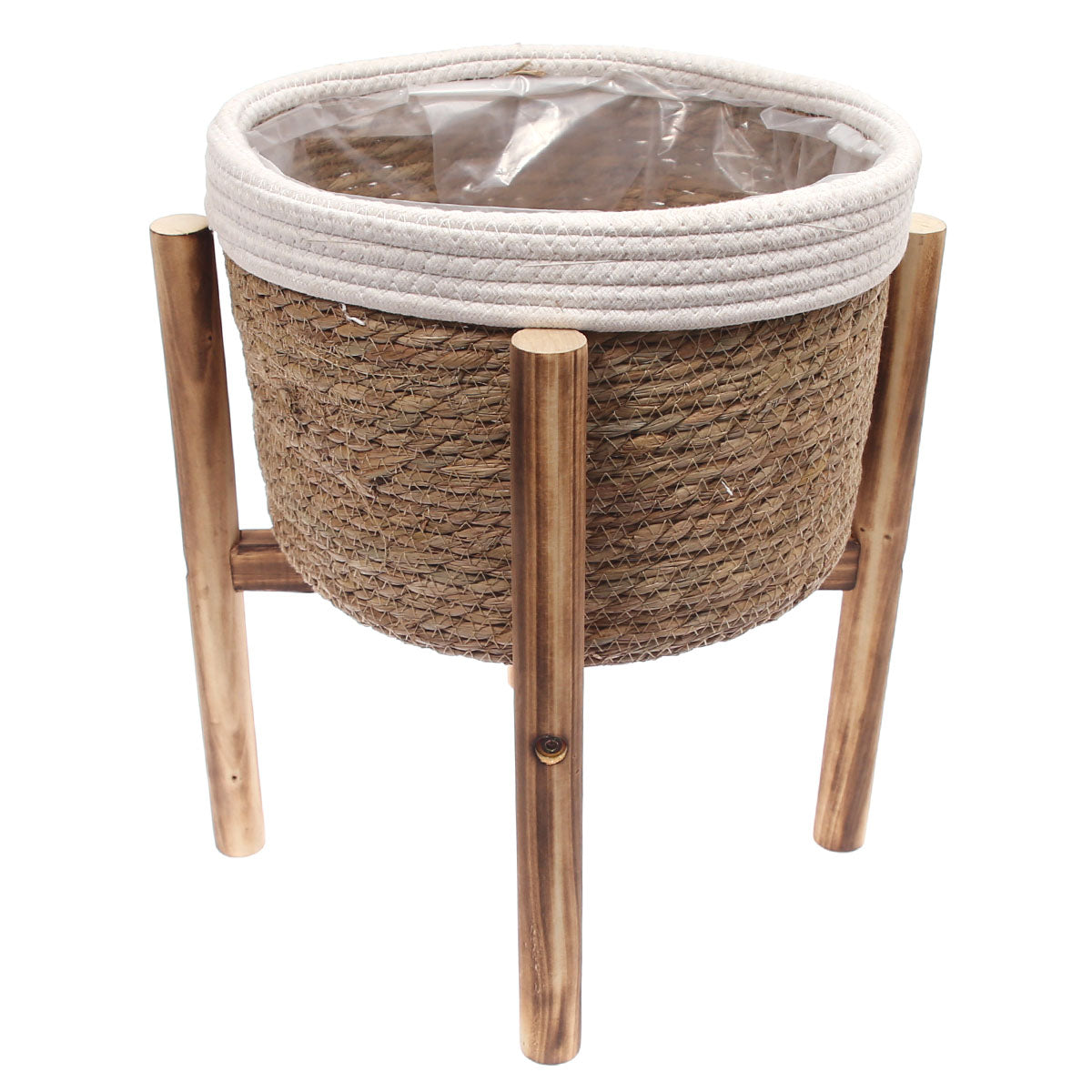 Cane Planter W/Wooden Base M Beige & White 13 X 13 X 14 Inch CZG-29