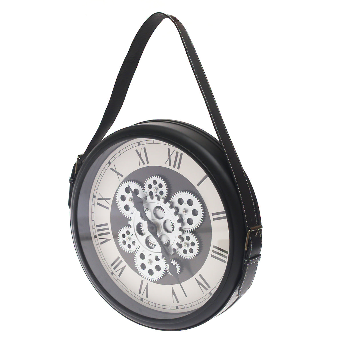 Industrial Gear Design Black & White Wall Clock with Hanging Strap (Model 191)