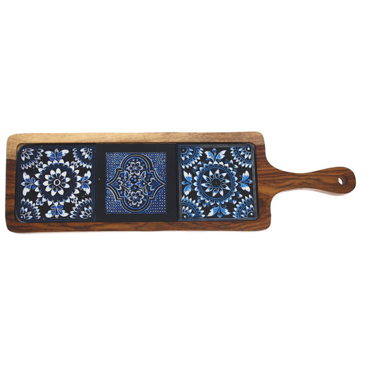 Long Wooden Serving Platter with Blue Ceramic Tiles Ð 17.5" x 5"
