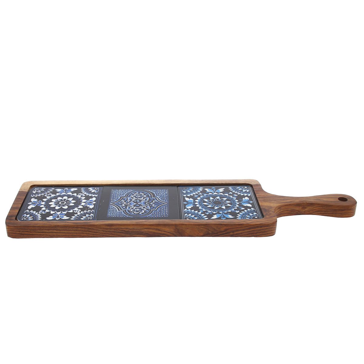 Long Wooden Serving Platter with Blue Ceramic Tiles Ð 17.5" x 5"