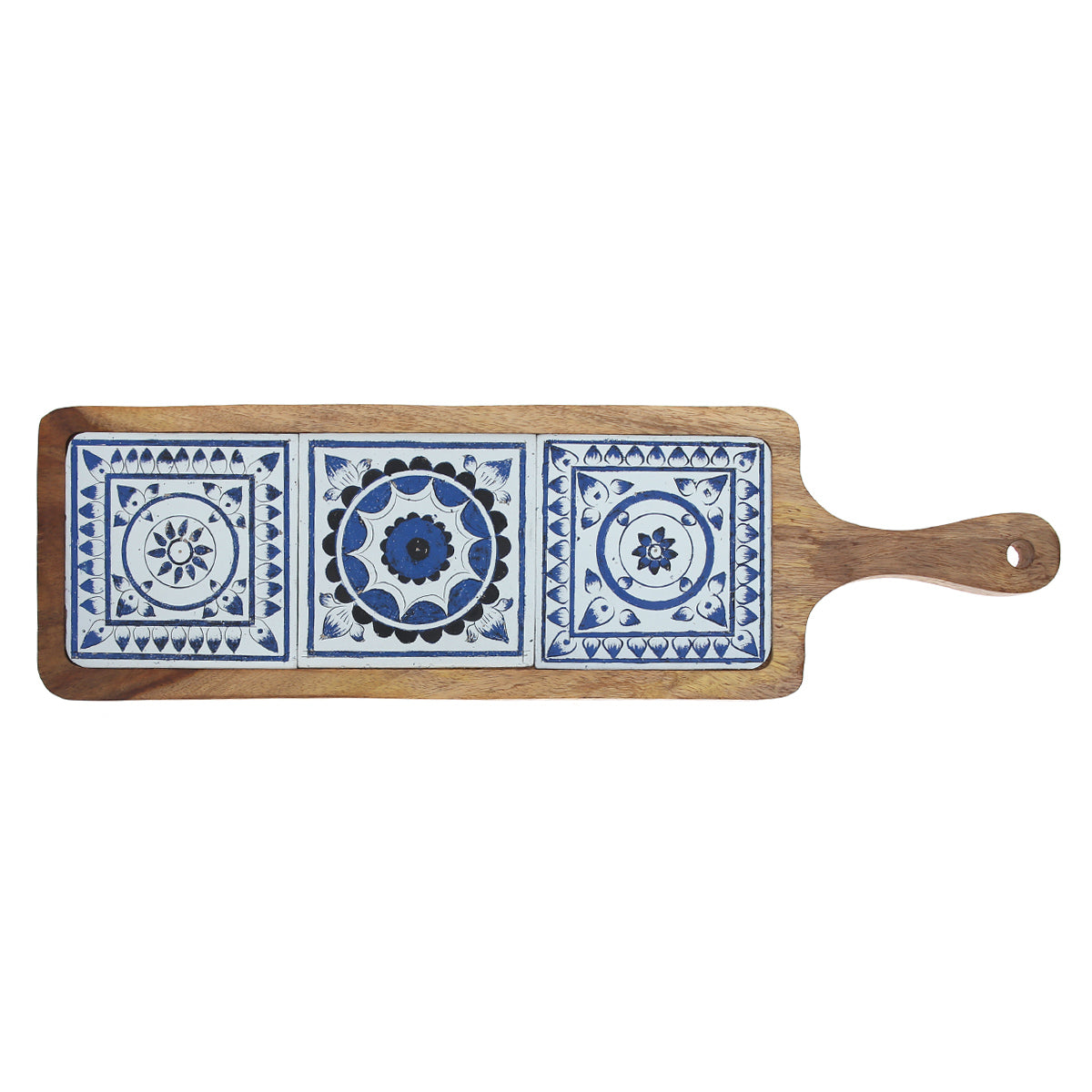 Long Wooden Serving Platter with Light Blue Ceramic Tiles Ð 17.5" x 5"