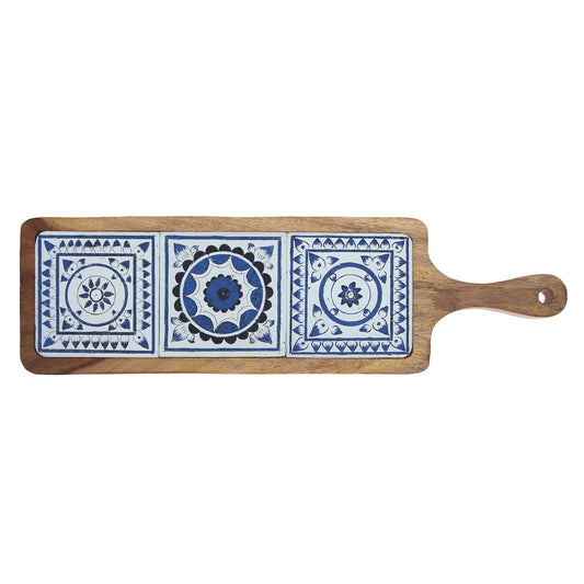 Long Wooden Serving Platter with Light Blue Ceramic Tiles Ð 17.5" x 5"
