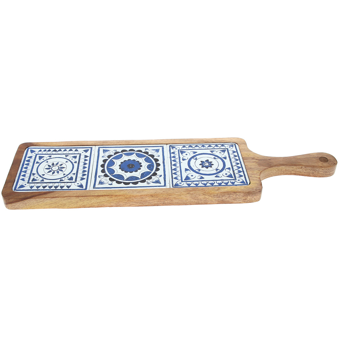 Long Wooden Serving Platter with Light Blue Ceramic Tiles Ð 17.5" x 5"