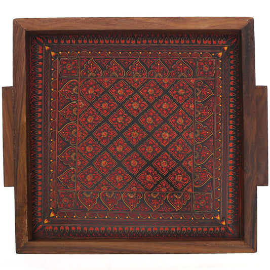 Square Wooden Serving Tray with Maroon Pattern Ð 14" x 14"