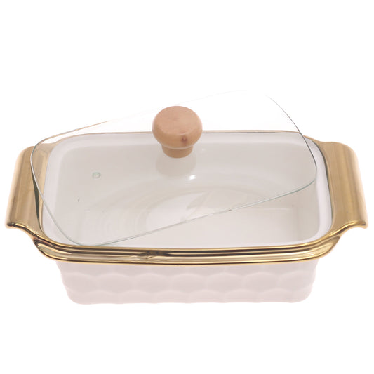 Serving Dish with Glass Lid Ð Gold Rim Design (4077)