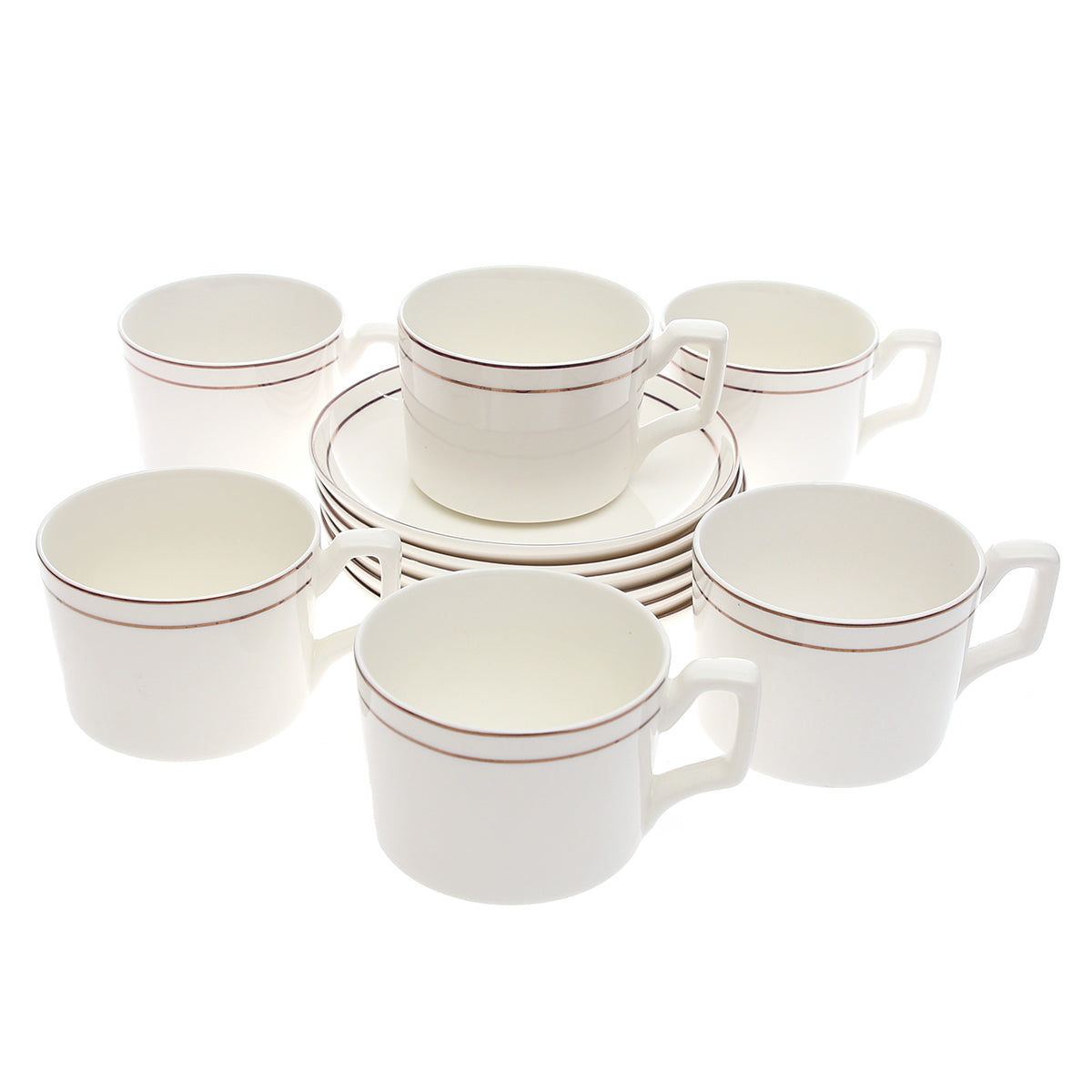 12-Piece Porcelain Tea Cup & Saucer Set Ð Minimalist Double Line (Set 141)