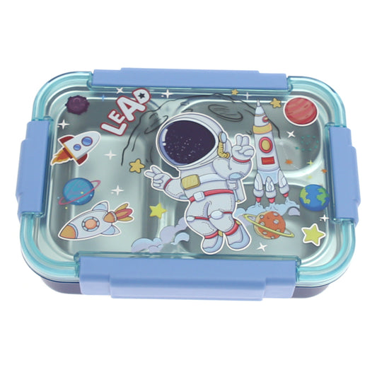 Kids Astronaut Lunch Box Ð 3 Compartment | Stainless Steel | Leak-Proof | Space Theme | Blue