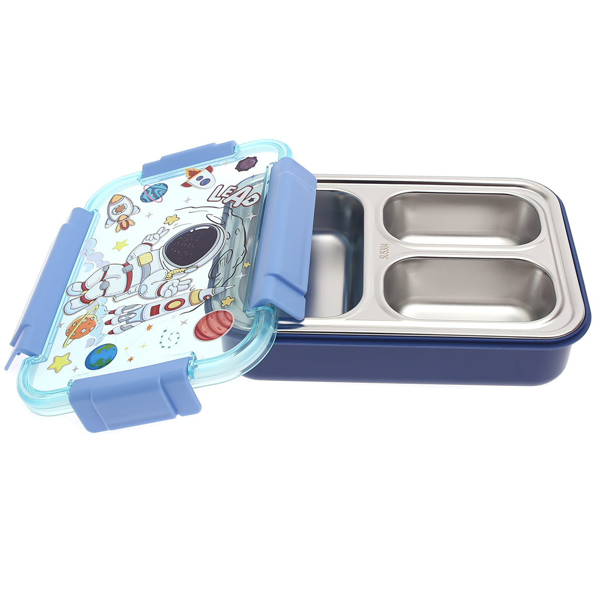 Kids Astronaut Lunch Box Ð 3 Compartment | Stainless Steel | Leak-Proof | Space Theme | Blue