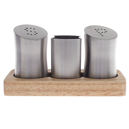 Salt & Pepper Set Ð SY-13 | 3-Piece Stainless Steel with Wooden Base