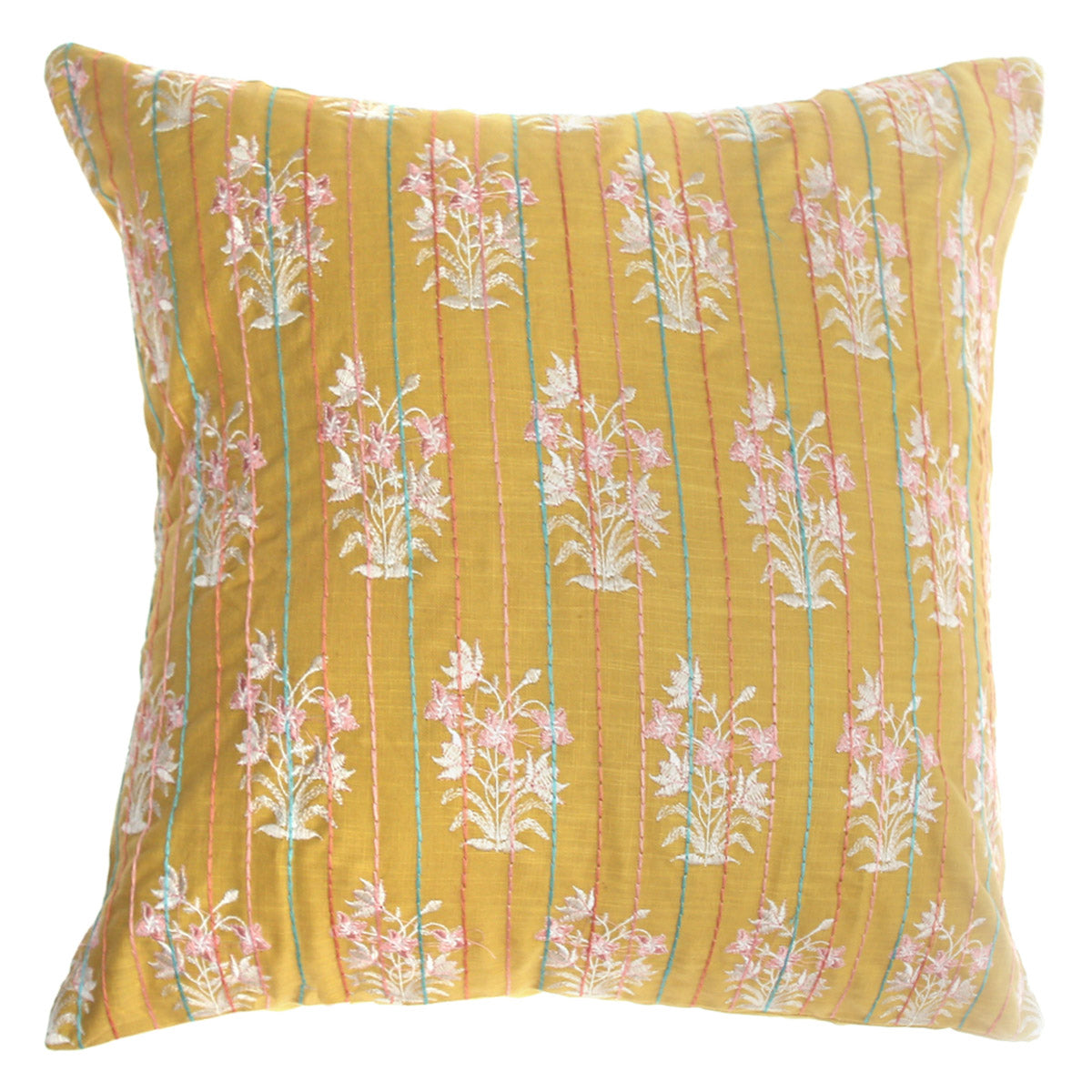 Rang Mahal Cushion Cover 18x18 Ð Mustard Yellow Cotton Embroidered Floral Throw Pillow