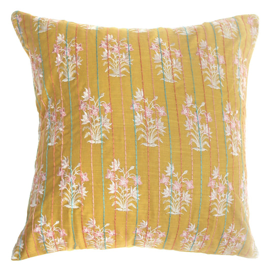 Rang Mahal Cushion Cover 18x18 Ð Mustard Yellow Cotton Embroidered Floral Throw Pillow