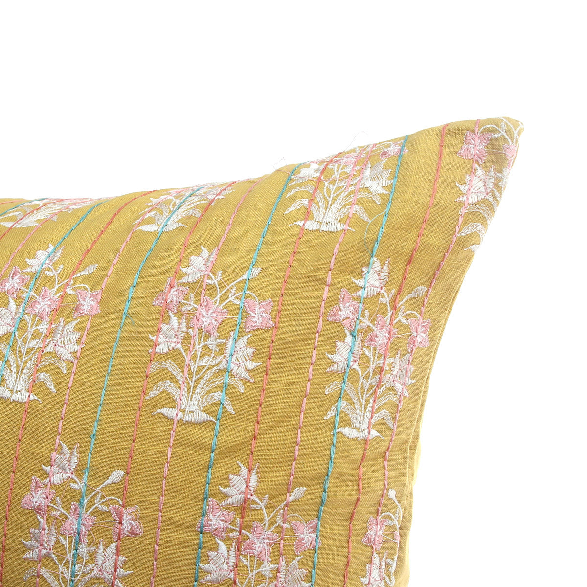 Rang Mahal Cushion Cover 18x18 Ð Mustard Yellow Cotton Embroidered Floral Throw Pillow