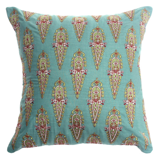 Rang Motif Cushion Cover 20x20 Ð Teal Cotton Throw Pillow with Embroidered Paisley Pattern