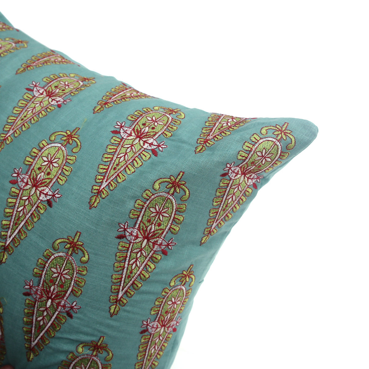 Rang Motif Cushion Cover 20x20 Ð Teal Cotton Throw Pillow with Embroidered Paisley Pattern