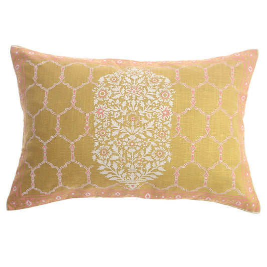 Zareen Cushion Cover 12x18 Ð Yellow Floral Block Print Cotton Lumbar Pillow