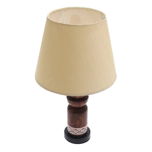 Wooden Table Lamp Ð White & Pink Printed Base | Classic Beige Shade