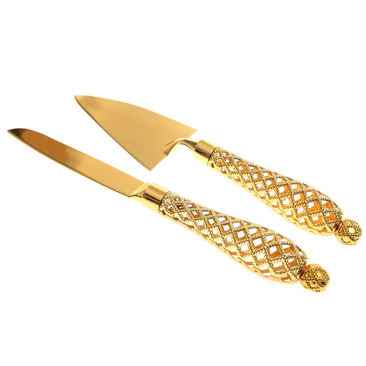 2?Piece Cake Server Set Ð Gold Stainless Steel Knife & Lifter with Decorative Handle