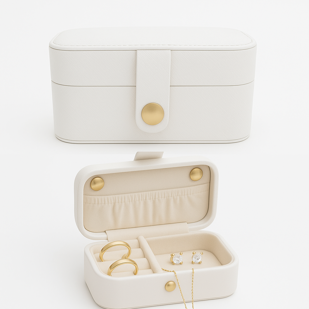 Portable Jewelry Storage Box Ð White with Gold Button Closure