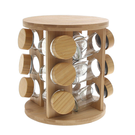 Wooden Spice Rack Carousel with 16 Glass Jars Ð Rotating Bamboo Spice Organizer