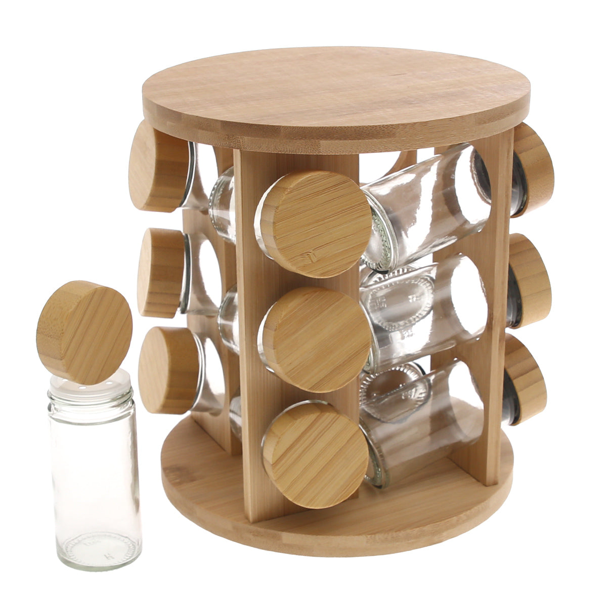 Wooden Spice Rack Carousel with 16 Glass Jars Ð Rotating Bamboo Spice Organizer