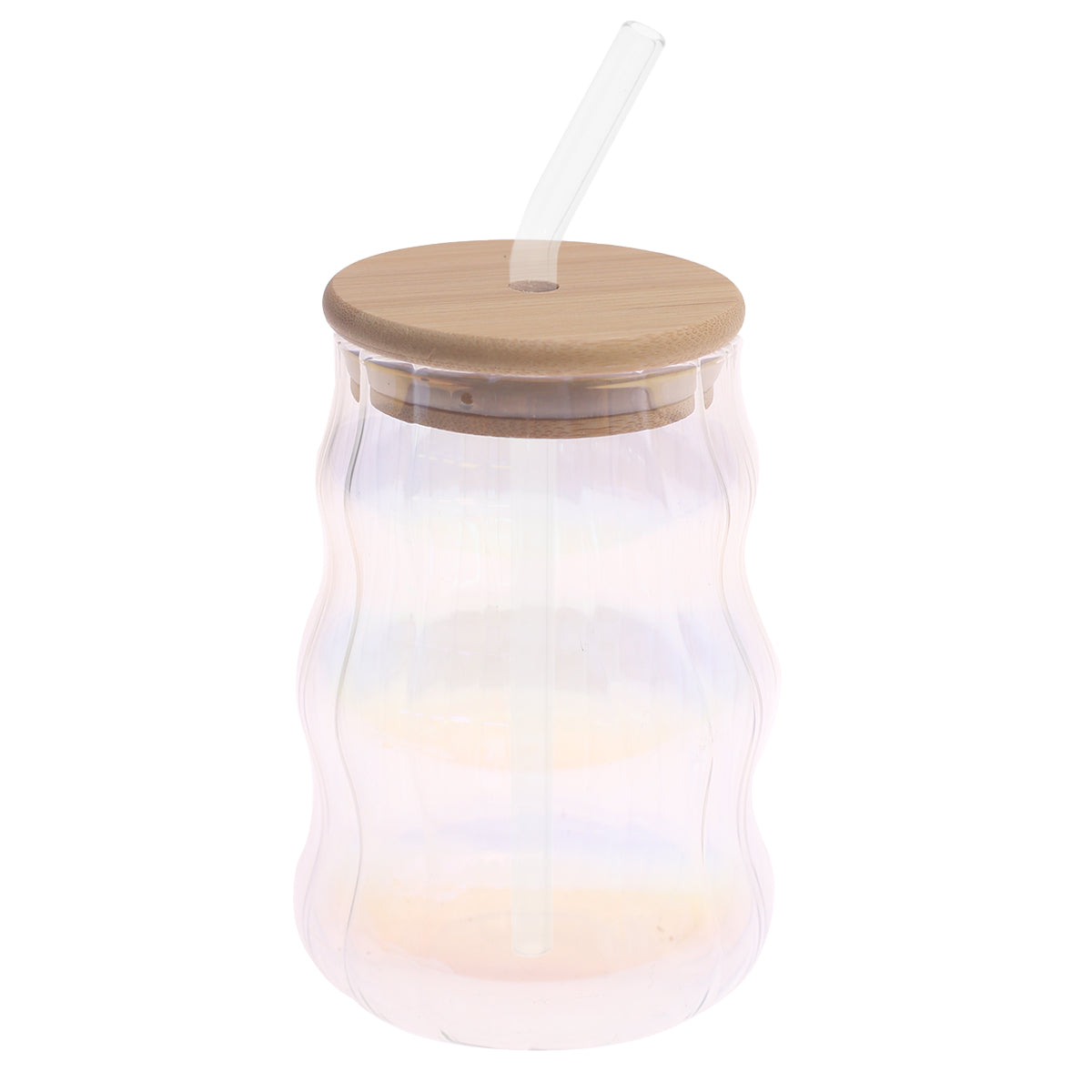 Iridescent Ripple Glass Tumbler with Bamboo Lid & Straw Ð 530ml