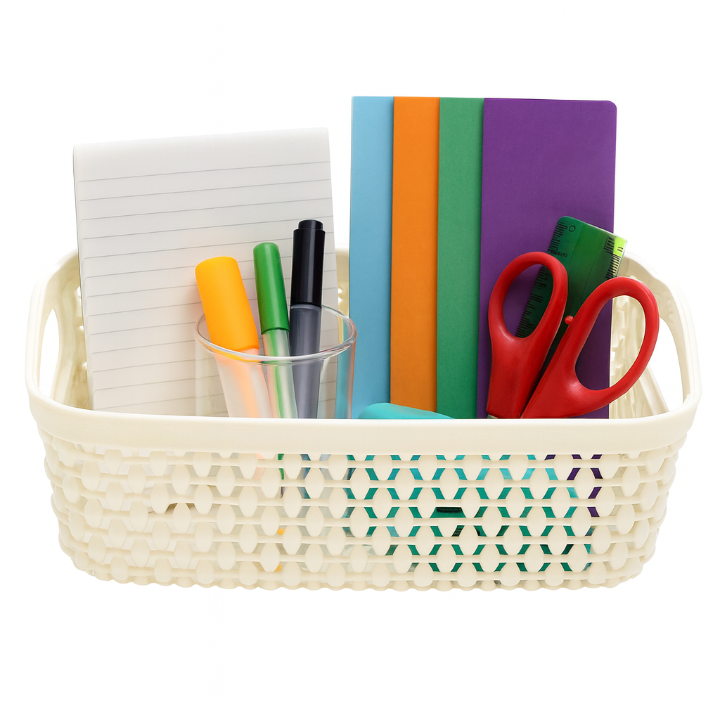 Drop Basket Small Ð Beige Plastic Storage Organizer with Handles for Home & Office