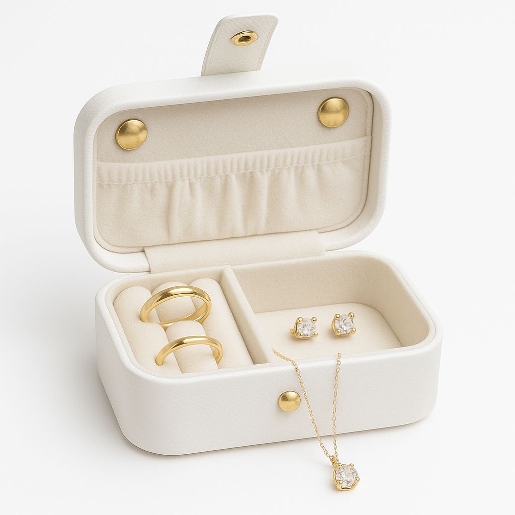 Portable Jewelry Storage Box Ð White with Gold Button Closure