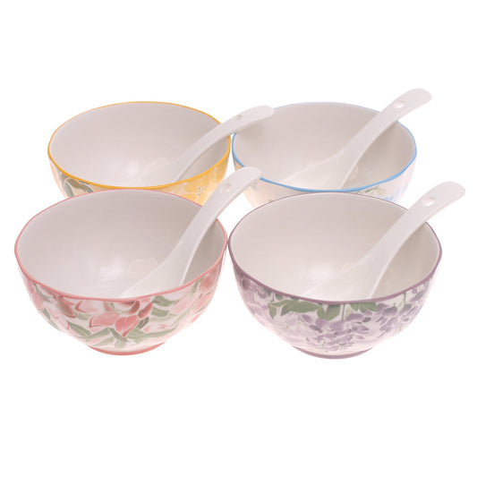 Floral Ceramic Bowl & Spoon Set Ð 4 Pcs Multicolor