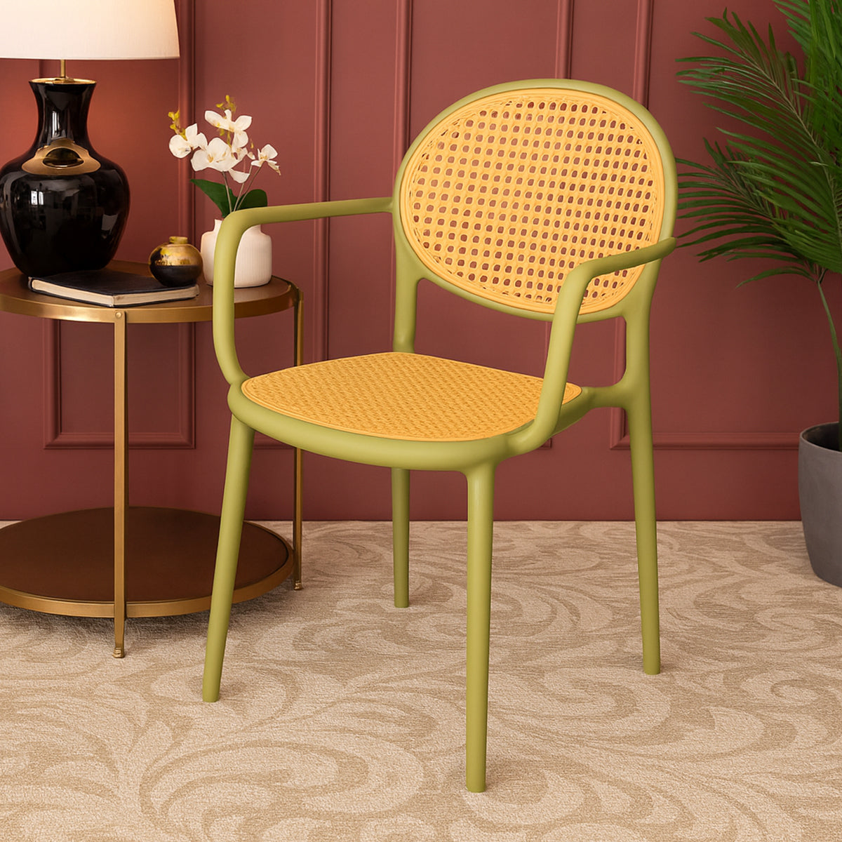 Cane Charm Armchair Ð Plastic Frame with Woven Cane?Style Seat & Back (Black, White, Green)