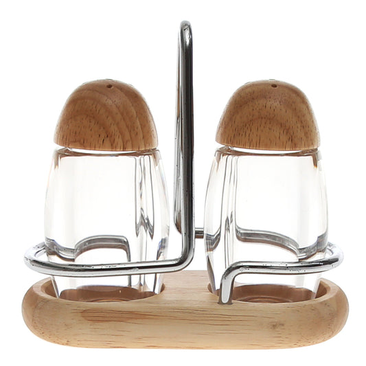 Glass Salt & Pepper Shaker Set Ð 2?Piece with Wooden Lids & Stand