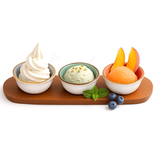 4.25" Ceramic Dessert Bowl Set Ð 3-Piece with Wooden Tray