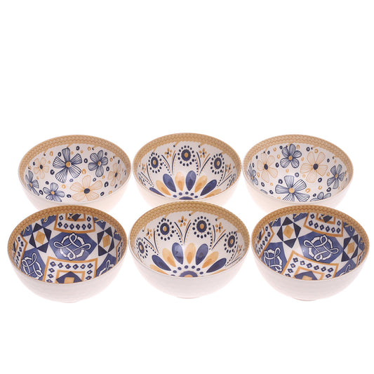 6PCS Blue & Mustard Patterned Ceramic Bowl Set